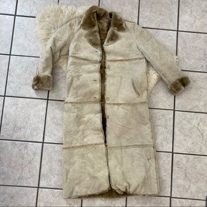 Genuine leather faux fur sherpa long trench coat